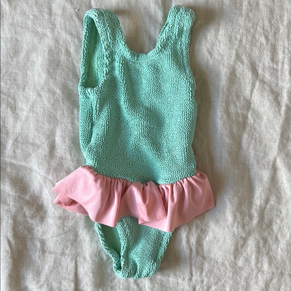 Green Ribbed Knit Swimsuit Onesie with Pink Ruffle by Hunza One Size